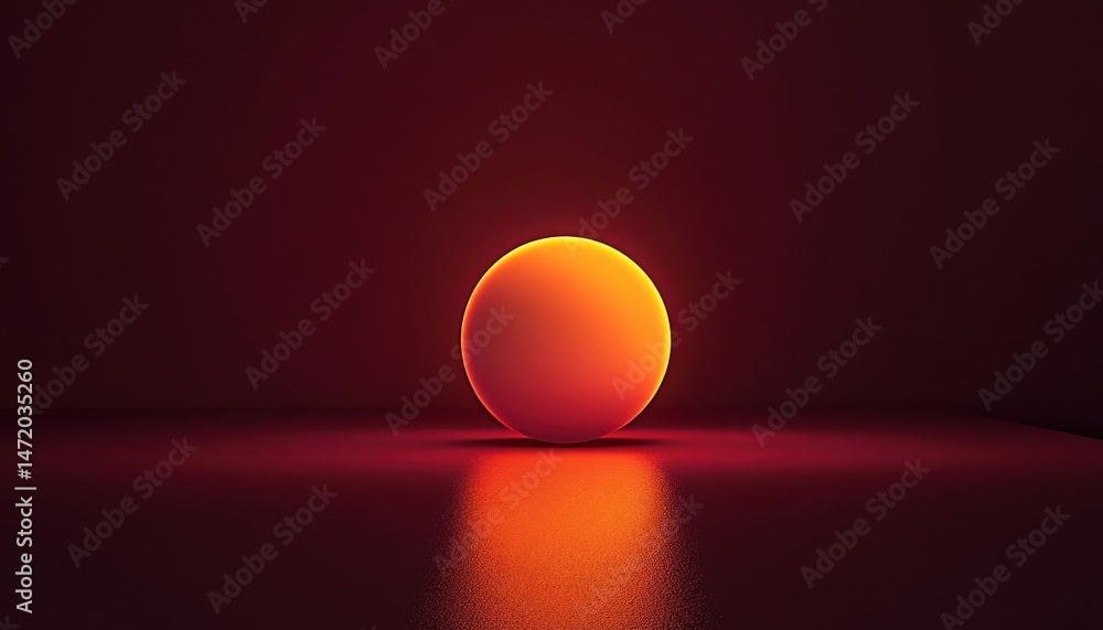 Poster glowing orange sphere reflecting on dark red surface in studio setting a minimalist geometric design