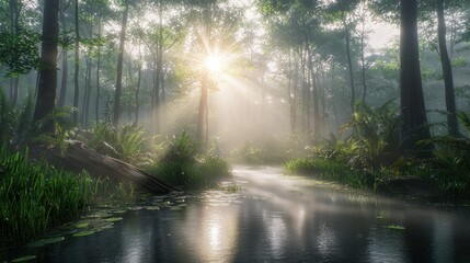 Obraz premium Sunbeams pierce a misty forest path, illuminating a tranquil stream. Lush greenery and tranquil water