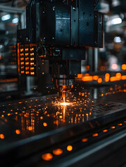 High precision orange laser cutting metal plate with bright sparks in industrial CNC machine technology