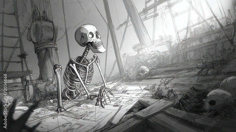 Poster a grayscale rendering of a skeleton studying old documents.