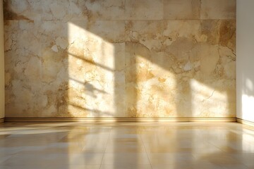 Empty Room with Beige Marble Wall and Sunlight Shadows