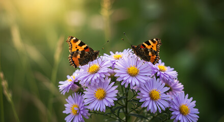Butterfly Bliss: Two Tortoiseshell Butterflies on Lilac Asters in Golden Light - Nature's Delicate Dance