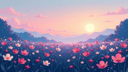 Serene Sunset Vista A Panorama of Blossoming Flowers in a Pastoral Meadow, Silhouetted Against a Range of Mountains Underneath a Softly Lit Sky