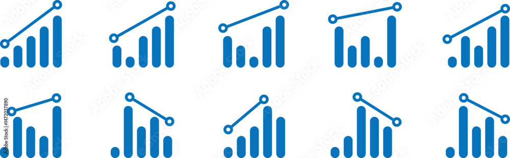Poster growing bar graph icon. vector growing diagram. set of growing bar graph icon in black on a white ba