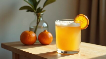 A refreshing citrus beverage in a short glass, garnished with a citrus fruit slice, sits on a wooden surface near small citrus fruits in a glass vase.