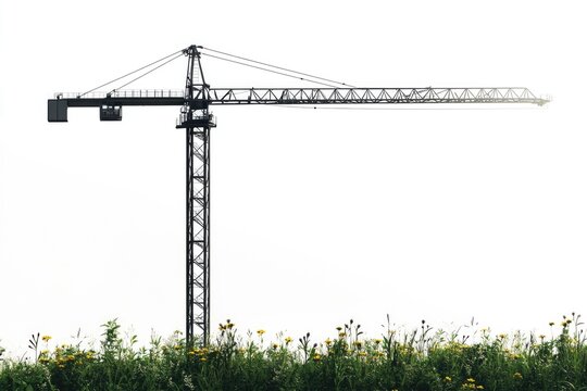 A tall construction crane stands silhouetted against a bright, overcast sky, with green grass and wildflowers at the base.