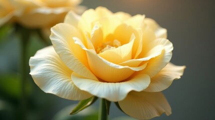 A Single Pale Yellow Rose Blossom in Soft Light, Delicate Petals Unfurling, Gentle Illumination, Close-Up View of Nature's Beauty