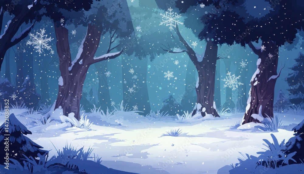 Poster pixel art snowy forest landscape with tall trees and gentle snowfall under soft lighting in a tranqu