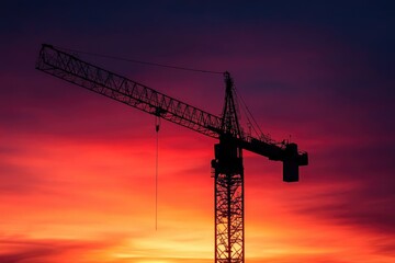 Silhouetted construction crane stands tall against a vibrant sunset sky, contrasting textures and industrial strength.