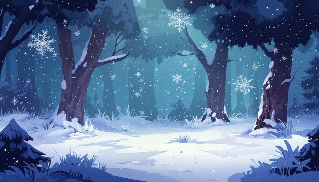 Pixel Art Snowy Forest Landscape with Tall Trees and Gentle Snowfall Under Soft Lighting in a Tranquil Scene with Snow Covered Ground