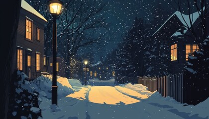 Pixel Art Winter Street Scene at Night with Snow Falling Houses and Illuminated Streetlights