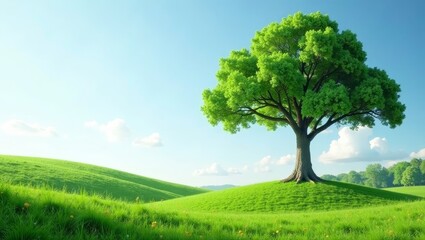 Fototapeta premium Serene landscape featuring a majestic tree on a verdant hill under a clear sky