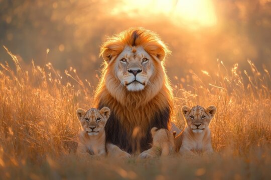 A majestic male lion stands proudly with his two cubs amidst tall golden grass at sunset.