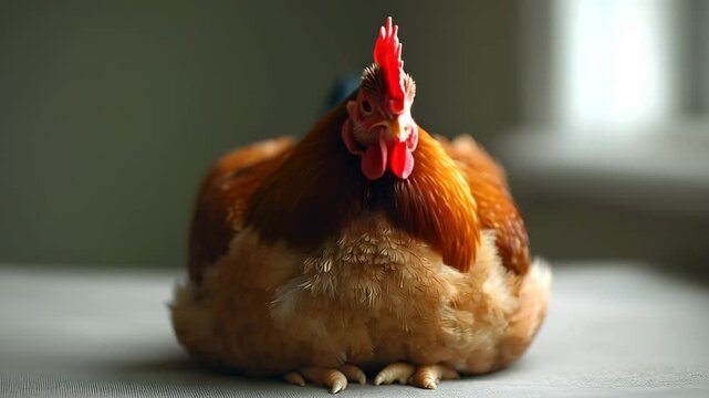 A plump and comically serious chicken