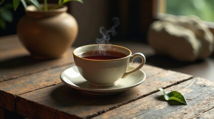Aromatic steam rises from a warm beverage in a delicate cup, resting on a rustic wooden surface, accompanied by a potted plant and a textured object, creating a tranquil and inviting atmosphere.