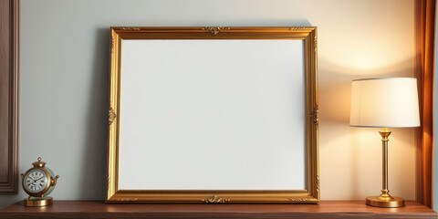 Elegant gold frame mockup on wooden surface with lamp and clock