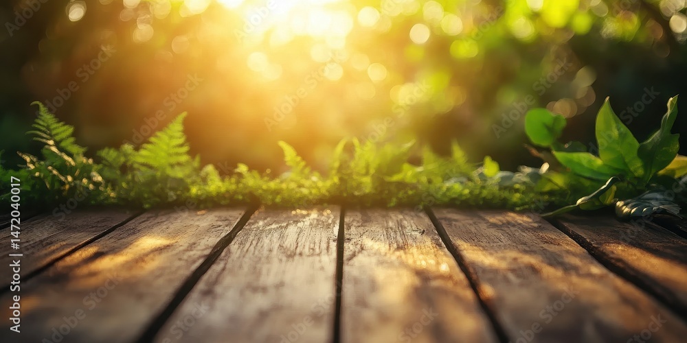 Poster rustic wooden planks with greenery against a bokeh sunlight background perfect for natural themed pr
