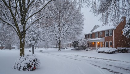 Snow Covered Trees and Houses on a Winter Day Serene Snowy Landscape with Cold Weather Conditions in a Peaceful Residential Neighborhood