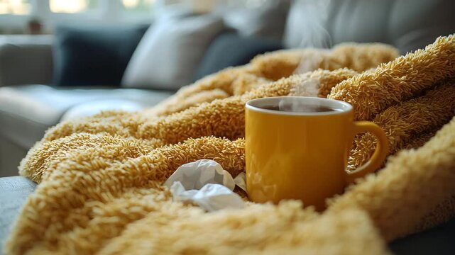 Cozy respite on the couch with a warm cup of tea