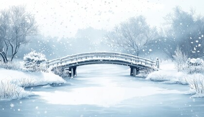 Snowy Pixel Art Winter Landscape with Wooden Bridge over Frozen River White Blue Palette and Bare Trees Under a Gentle Snowfall Creates a Tranquil Scene