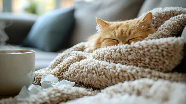 A cozy cat napping on the sofa with a cup of tea nearby