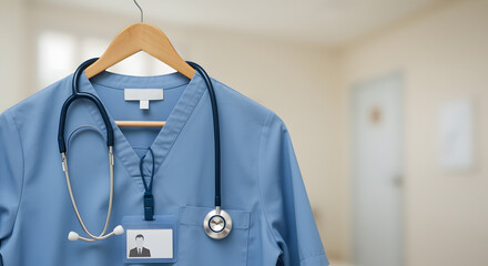 Medical Scrubs, Stethoscope and ID Badge Hanging on a Wooden Hanger in a Hospital Corridor