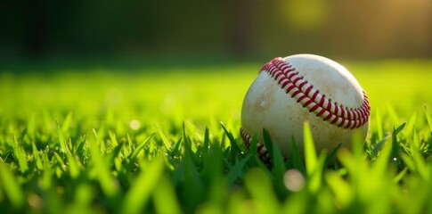 A well-worn baseball rests gently in the vibrant green grass, bathed in the warm glow of sunlight, a symbol of summer leisure and outdoor recreation.