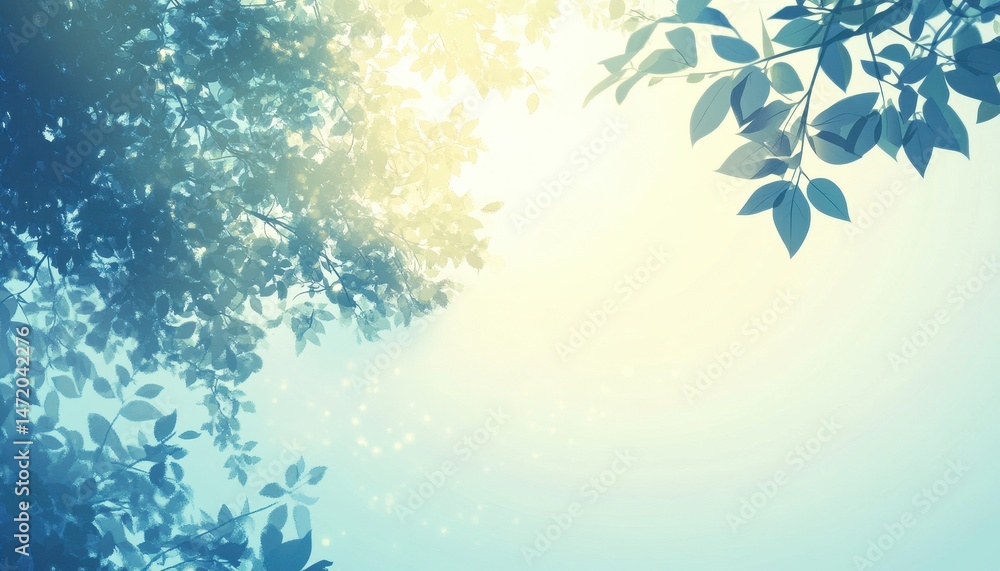 Poster sunlight filtering through blue and green leaves on tree branches creating a soft bokeh background w