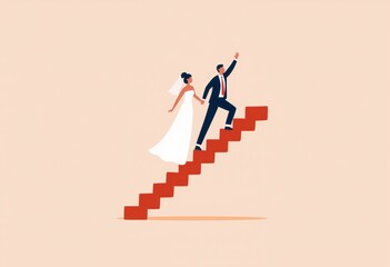 Bride walking down staircase with groom in flat design style  