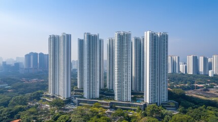 Fototapeta premium Aerial view of a mixed-use real estate development with residential towers, shopping centers, and parks