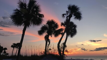 Obraz premium Sunset Over Palm Trees Silhouetted Against Colorful Sky