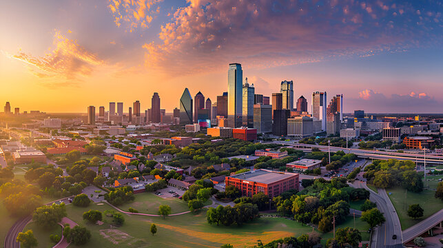 Aerial view of dallas cityscape at sunset with dramatic sky and green spaces in the foreground area