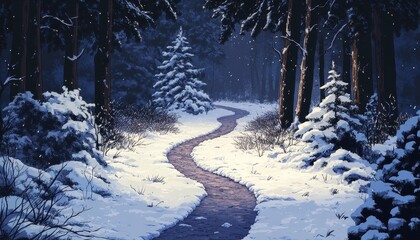 Winter Landscape of a Snowy Path Winding Through a Dense Forest with Tall Trees and Pixel Art Style Graphics at Dusk