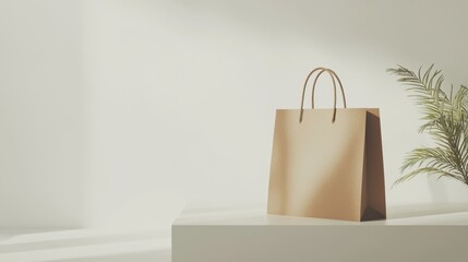 Minimalist Brown Paper Bag on White Table with Green Plant Accent