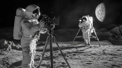 Lunar surface, two astronauts, filming, tripod, moon. © Ibnu