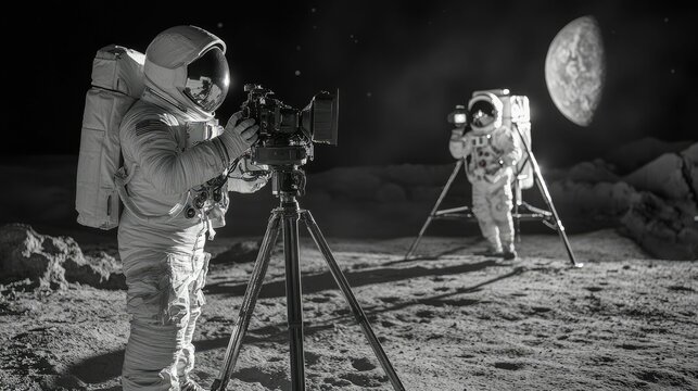 Lunar surface, two astronauts, filming, tripod, moon.