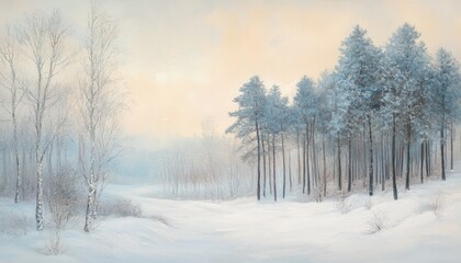 Obraz premium Winter Wonderland of a Snowy Forest Landscape Featuring Birch Trees and Snow Drifts Under a Pale Sky Watercolor Illustration