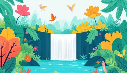 Vibrant Pixel Art Tropical Waterfall Landscape Featuring Lush Foliage and Birds in a Colorful Jungle Environment