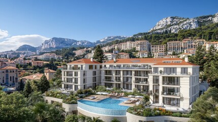 Architectural design for an upscale real estate project featuring modern villas with large windows and private pools