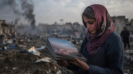 Girl in rubble, viewing old photographs, smoky background.