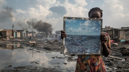 Girl holds contrasting images; ravaged land, hopeful sky.
