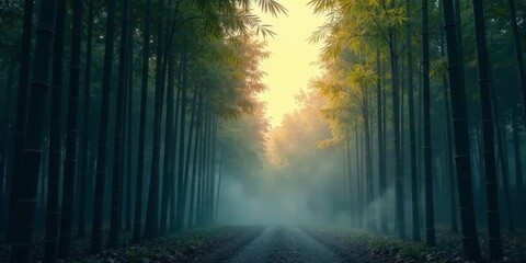 Obraz premium Mystical Bamboo Forest Path A Serene Sunrise Through Misty Trees