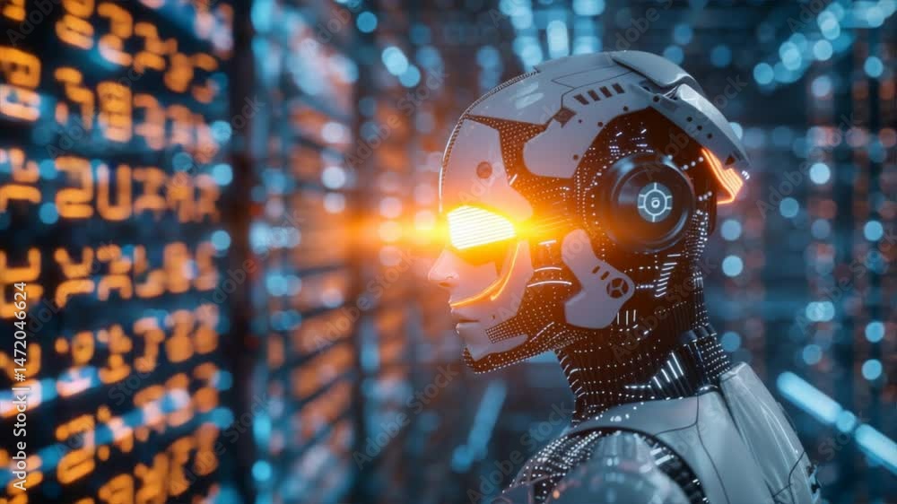 Poster futuristic robot in a data center, showcasing advanced technology and ai. perfect for illustrating i