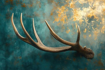 A single deer antler lies gracefully against a mottled turquoise and gold background, evoking nature, rustic charm, and artistic expression.