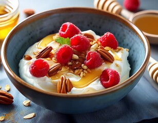 Süße Bowl mit Quark, Himbeeren, Honig und Nüssen