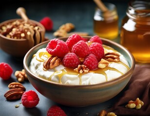 Süße Bowl mit Quark, Himbeeren, Honig und Nüssen