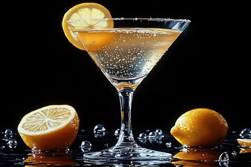 Refreshing lemon martini cocktail in a glass with lemon slice and sparkling bubbles