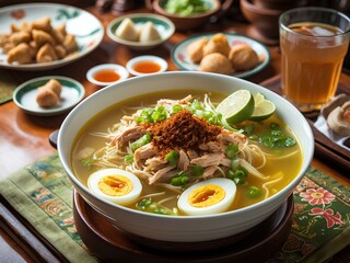 Soto Lamongan: A Unique East Java-style Chicken Soup, Infused with Aromatic Spices and Served with a Savory Broth, Offering a Flavorful Taste of Indonesia’s Rich Culinary Tradition.