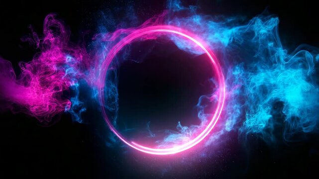 Vibrant neon circle surrounded by colorful smoke on black background  