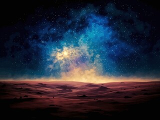 Celestial Nebula with Radiant Light Over Barren Landscape